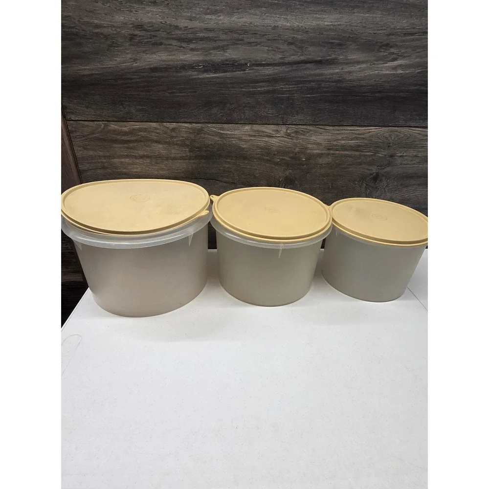 Vintage Tupperware Servalier Canister Set‎ 3 Frosted Clear Harvest Gold Lids 267